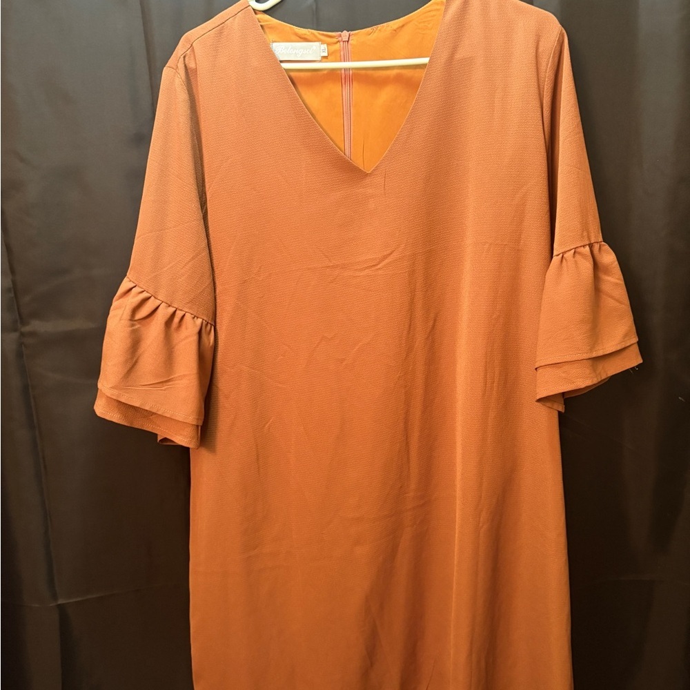 Orange V-Neck Dress with Ruffle Sleeves